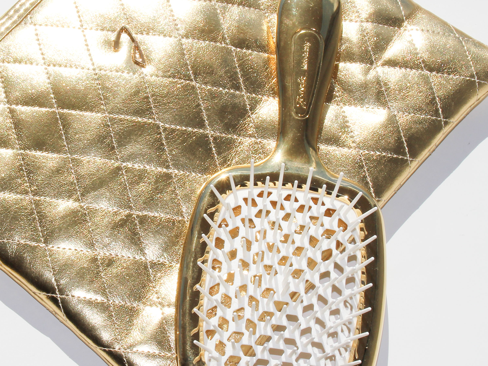 Gold makeup bag and detangling hairbrush