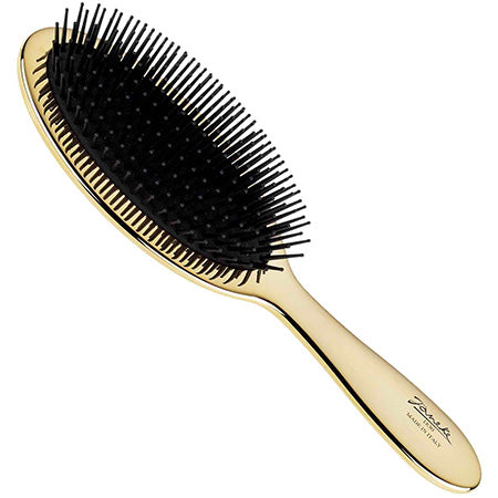 Janeke Pneumatic Gold Brush with Black Cushioned Bristle Pad and Black Bristles.