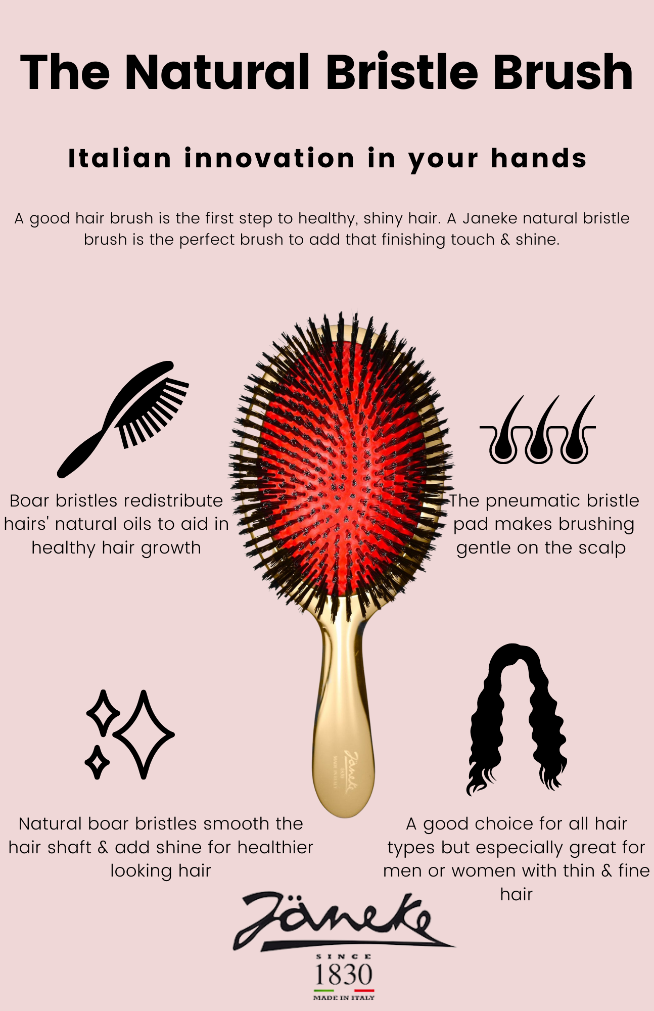 Medium Pneumatic Natural Bristle Hairbrush Janeke